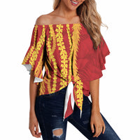 Hawaii Prince Kuhio Off Shoulder Wrap Waist Top Red Hawaiian Lau Maia With Leis LT05 - Polynesian Pride