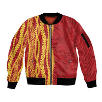 Hawaii Prince Kuhio Sleeve Zip Bomber Jacket Red Hawaiian Lau Maia With Leis