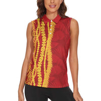 Hawaii Prince Kuhio Women Sleeveless Polo Shirt Red Hawaiian Lau Maia With Leis LT05 - Polynesian Pride