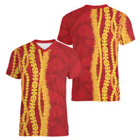 Hawaii Prince Kuhio Women V-Neck T-Shirt Red Hawaiian Lau Maia With Leis LT05 - Polynesian Pride