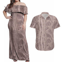 Hawaii Prince Kuhio Couples Matching Off Shoulder Maxi Dress and Hawaiian Shirt Mocha Hawaiian Lau Maia With Leis
