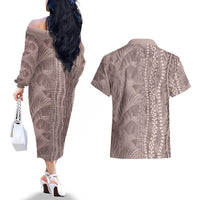 Hawaii Prince Kuhio Couples Matching Off The Shoulder Long Sleeve Dress and Hawaiian Shirt Mocha Hawaiian Lau Maia With Leis LT05 - Polynesian Pride