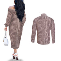Hawaii Prince Kuhio Couples Matching Off The Shoulder Long Sleeve Dress and Long Sleeve Button Shirt Mocha Hawaiian Lau Maia With Leis