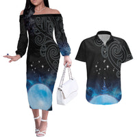 New Zealand Matariki Couples Matching Off The Shoulder Long Sleeve Dress and Hawaiian Shirt Pleiades Star Cluster Blue Galaxy