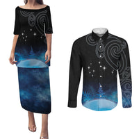 New Zealand Matariki Couples Matching Puletasi and Long Sleeve Button Shirt Pleiades Star Cluster Blue Galaxy