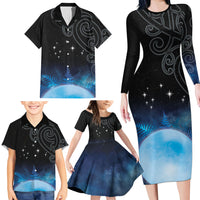 New Zealand Matariki Family Matching Long Sleeve Bodycon Dress and Hawaiian Shirt Pleiades Star Cluster Blue Galaxy