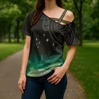 New Zealand Matariki Cross Shoulder Shirt Pleiades Star Cluster Green Galaxy LT05 - Polynesian Pride