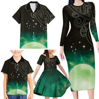 New Zealand Matariki Family Matching Long Sleeve Bodycon Dress and Hawaiian Shirt Pleiades Star Cluster Green Galaxy LT05 - Polynesian Pride