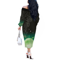 New Zealand Matariki Off The Shoulder Long Sleeve Dress Pleiades Star Cluster Green Galaxy