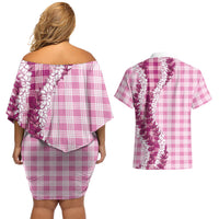 Pink Hawaii Palaka Couples Matching Off Shoulder Short Dress and Hawaiian Shirt Hawaiian Honohono Lei