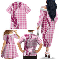Pink Hawaii Palaka Family Matching Off The Shoulder Long Sleeve Dress and Hawaiian Shirt Hawaiian Honohono Lei