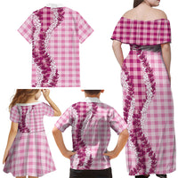 Pink Hawaii Palaka Family Matching Off Shoulder Maxi Dress and Hawaiian Shirt Hawaiian Honohono Lei
