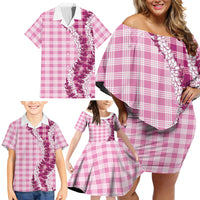 Pink Hawaii Palaka Family Matching Off Shoulder Short Dress and Hawaiian Shirt Hawaiian Honohono Lei