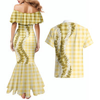 Yellow Hawaii Palaka Couples Matching Mermaid Dress and Hawaiian Shirt Hawaiian Honohono Lei