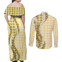 Yellow Hawaii Palaka Couples Matching Off Shoulder Maxi Dress and Long Sleeve Button Shirt Hawaiian Honohono Lei