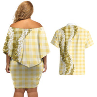 Yellow Hawaii Palaka Couples Matching Off Shoulder Short Dress and Hawaiian Shirt Hawaiian Honohono Lei