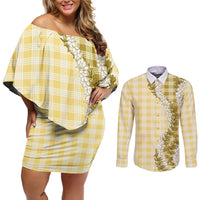 Yellow Hawaii Palaka Couples Matching Off Shoulder Short Dress and Long Sleeve Button Shirt Hawaiian Honohono Lei