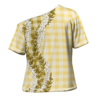 Yellow Hawaii Palaka Cross Shoulder Shirt Hawaiian Honohono Lei