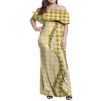 Yellow Hawaii Palaka Family Matching Off Shoulder Maxi Dress and Hawaiian Shirt Hawaiian Honohono Lei