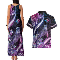 Hawaiian Monk Seal Couples Matching Tank Maxi Dress and Hawaiian Shirt Kakau Tribal Pattern Violet Gradient