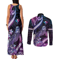 Hawaiian Monk Seal Couples Matching Tank Maxi Dress and Long Sleeve Button Shirt Kakau Tribal Pattern Violet Gradient