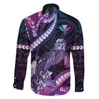 Hawaiian Monk Seal Family Matching Long Sleeve Bodycon Dress and Hawaiian Shirt Kakau Tribal Pattern Violet Gradient