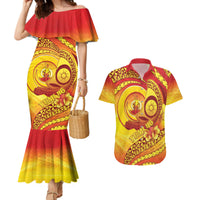 Vanuatu 46 Yia Indipendens Anivesari Couples Matching Mermaid Dress and Hawaiian Shirt Tamtam Drum With Boar Tusk LT05 Yellow - Polynesian Pride