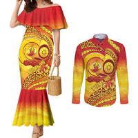 Vanuatu 46 Yia Indipendens Anivesari Couples Matching Mermaid Dress and Long Sleeve Button Shirt Tamtam Drum With Boar Tusk LT05 Yellow - Polynesian Pride