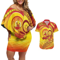 Vanuatu 46 Yia Indipendens Anivesari Couples Matching Off Shoulder Short Dress and Hawaiian Shirt Tamtam Drum With Boar Tusk LT05 Yellow - Polynesian Pride