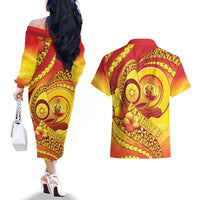 Vanuatu 45 Yia Indipendens Anivesari Couples Matching Off The Shoulder Long Sleeve Dress and Hawaiian Shirt Tamtam Drum With Boar Tusk - Polynesian Pride