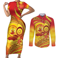 Vanuatu 46 Yia Indipendens Anivesari Couples Matching Short Sleeve Bodycon Dress and Long Sleeve Button Shirt Tamtam Drum With Boar Tusk LT05 Yellow - Polynesian Pride