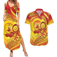 Vanuatu 46 Yia Indipendens Anivesari Couples Matching Summer Maxi Dress and Hawaiian Shirt Tamtam Drum With Boar Tusk LT05 Yellow - Polynesian Pride