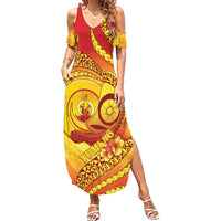 Vanuatu 46 Yia Indipendens Anivesari Family Matching Summer Maxi Dress and Hawaiian Shirt Tamtam Drum With Boar Tusk LT05 Mom's Dress Yellow - Polynesian Pride