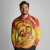 Vanuatu 46 Yia Indipendens Anivesari Long Sleeve Polo Shirt Tamtam Drum With Boar Tusk LT05 - Polynesian Pride