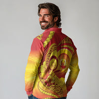 Vanuatu 46 Yia Indipendens Anivesari Long Sleeve Polo Shirt Tamtam Drum With Boar Tusk LT05 - Polynesian Pride