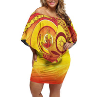 Vanuatu 45 Yia Indipendens Anivesari Off Shoulder Short Dress Tamtam Drum With Boar Tusk - Polynesian Pride