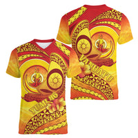 Vanuatu 46 Yia Indipendens Anivesari Women V-Neck T-Shirt Tamtam Drum With Boar Tusk LT05 - Polynesian Pride