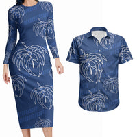 Aloha Hawaii Acacia Koa Leaves Couples Matching Long Sleeve Bodycon Dress and Hawaiian Shirt Navy Kakau Tribal Pattern LT05 Navy - Polynesian Pride
