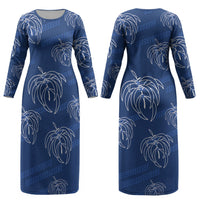 Aloha Hawaii Acacia Koa Leaves Couples Matching Long Sleeve Bodycon Dress and Hawaiian Shirt Navy Kakau Tribal Pattern LT05 - Polynesian Pride
