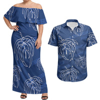 Aloha Hawaii Acacia Koa Leaves Couples Matching Off Shoulder Maxi Dress and Hawaiian Shirt Navy Kakau Tribal Pattern LT05 Navy - Polynesian Pride
