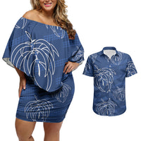 Aloha Hawaii Acacia Koa Leaves Couples Matching Off Shoulder Short Dress and Hawaiian Shirt Navy Kakau Tribal Pattern LT05 Navy - Polynesian Pride