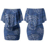 Aloha Hawaii Acacia Koa Leaves Couples Matching Off Shoulder Short Dress and Hawaiian Shirt Navy Kakau Tribal Pattern LT05 - Polynesian Pride