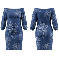 Aloha Hawaii Acacia Koa Leaves Couples Matching Off The Shoulder Long Sleeve Dress and Long Sleeve Button Shirt Navy Kakau Tribal Pattern LT05 - Polynesian Pride