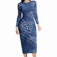 Aloha Hawaii Acacia Koa Leaves Long Sleeve Bodycon Dress Navy Kakau Tribal Pattern LT05 Long Dress Navy - Polynesian Pride