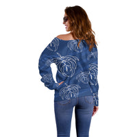 Aloha Hawaii Acacia Koa Leaves Off Shoulder Sweater Navy Kakau Tribal Pattern LT05 - Polynesian Pride