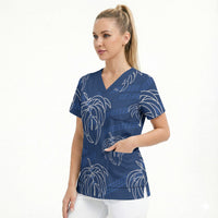 Aloha Hawaii Acacia Koa Leaves Scrub Top Navy Kakau Tribal Pattern LT05 - Polynesian Pride