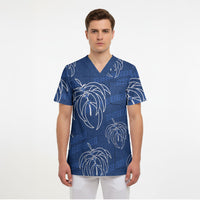Aloha Hawaii Acacia Koa Leaves Scrub Top Navy Kakau Tribal Pattern LT05 - Polynesian Pride