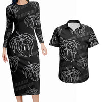Aloha Hawaii Acacia Koa Leaves Couples Matching Long Sleeve Bodycon Dress and Hawaiian Shirt Black Kakau Tribal Pattern LT05 Black - Polynesian Pride