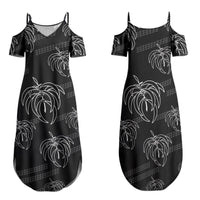 Aloha Hawaii Acacia Koa Leaves Family Matching Summer Maxi Dress and Hawaiian Shirt Black Kakau Tribal Pattern LT05 Mom's Dress Black - Polynesian Pride