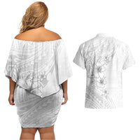 Lotu Tamaiti Samoa Couples Matching Off Shoulder Short Dress and Hawaiian Shirt White Sunday Polynesian Tribal Pattern Elegant Style